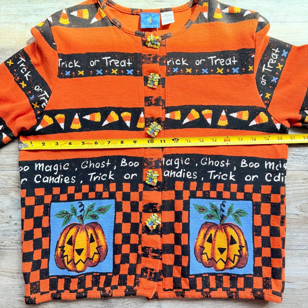 Vintage Halloween Sweater Cardigan Medium Pumpkin Candy Corn Trick or Treat 90s - Picture 6 of 12